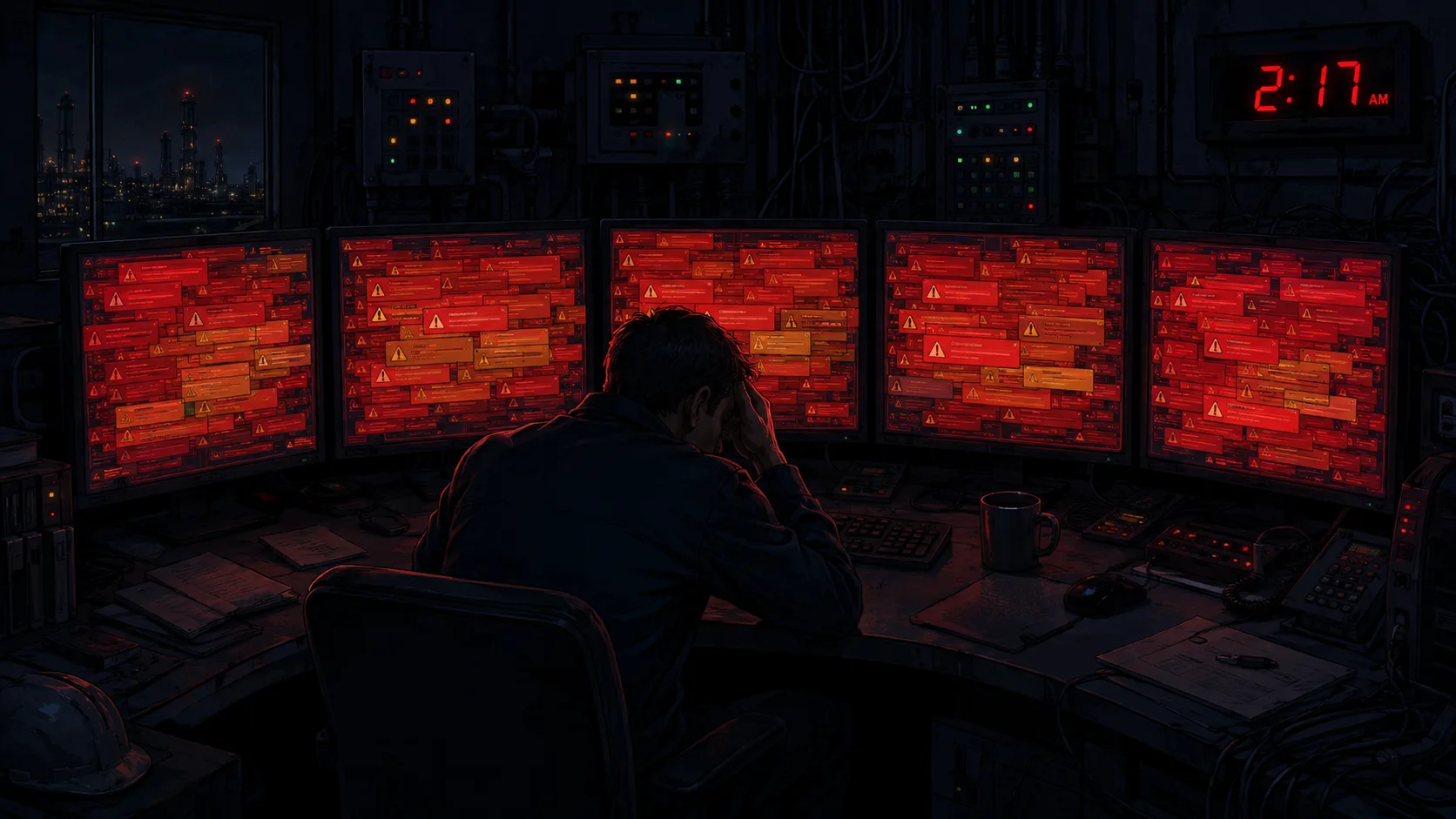 A lone operator in a dark control room at 2:17 AM, facing five monitors flooded with hundreds of red and amber alarm notifications